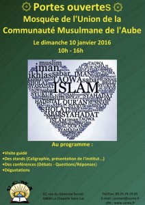 Affiche de l'opération portes-ouvertes à la Mosquée de l'Aude 10 ajnvier 2016