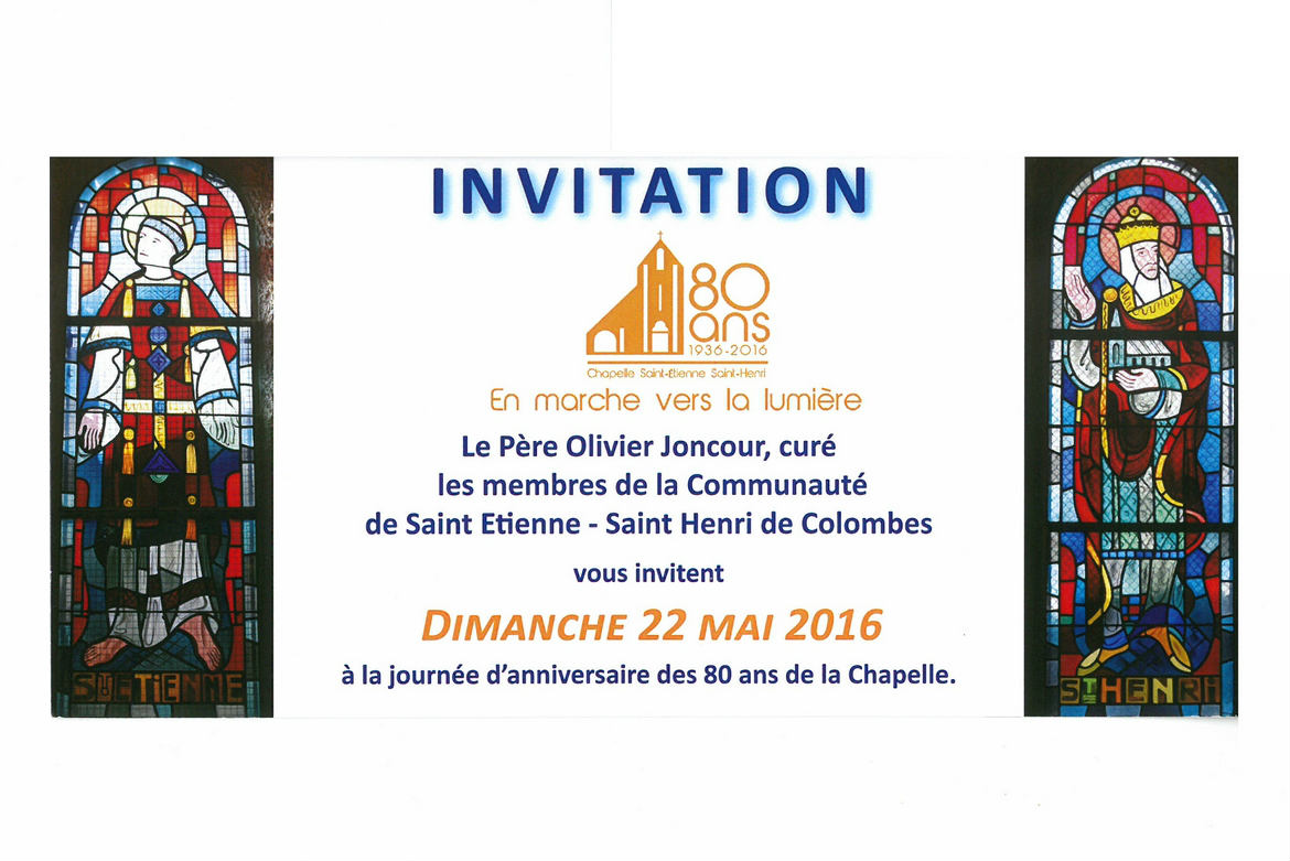 Invitation pour les 80 ans de la chapelle de Colombes