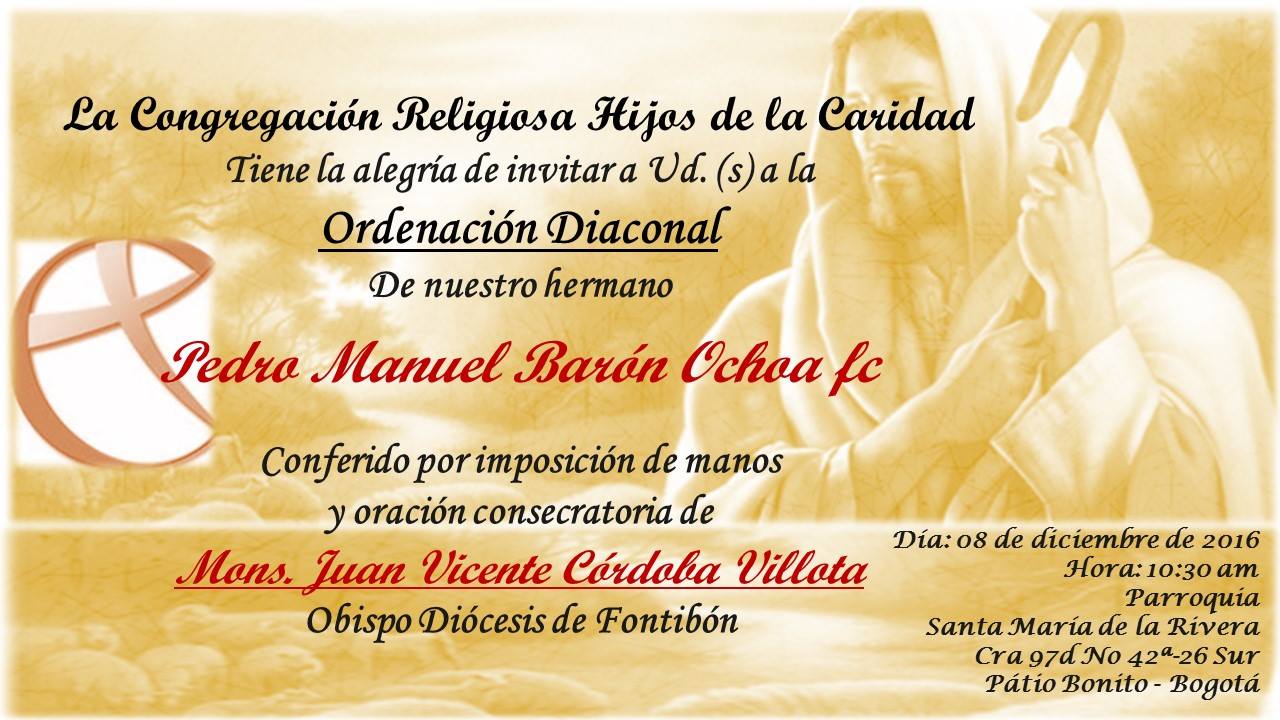 Faire-part de l’ordination diaconale de Pedro Barón fc, le 8 décembre 2016