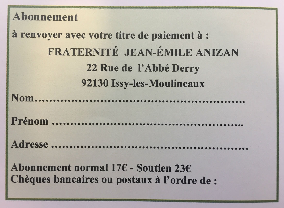 Bordereau d'abonnement au bulletin de la Fraternité Anizan