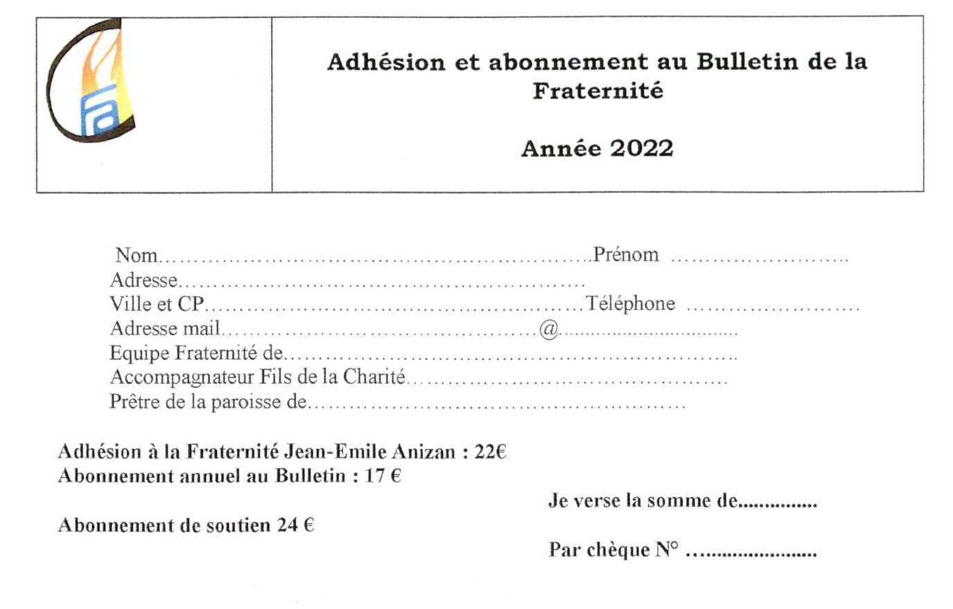 Bulletin d'adhésion et abonnement 2022 Fraternité Anizan