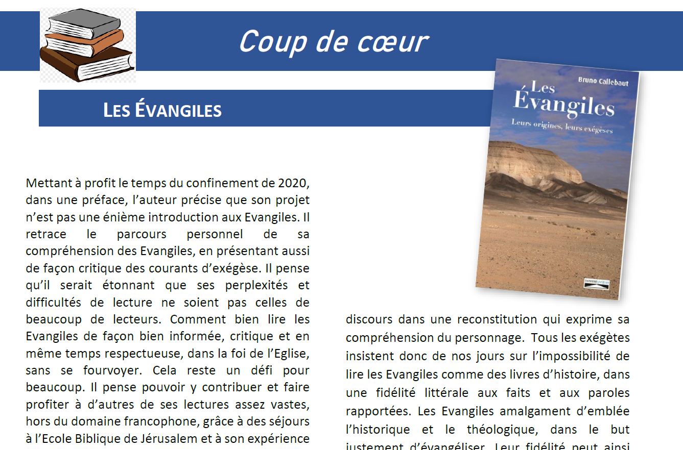 Fils de la Charité - Bruno Callebaut, "Les Evangiles. Leurs origines, leurs exégèses", Domuni Press, 2020, 175 pages