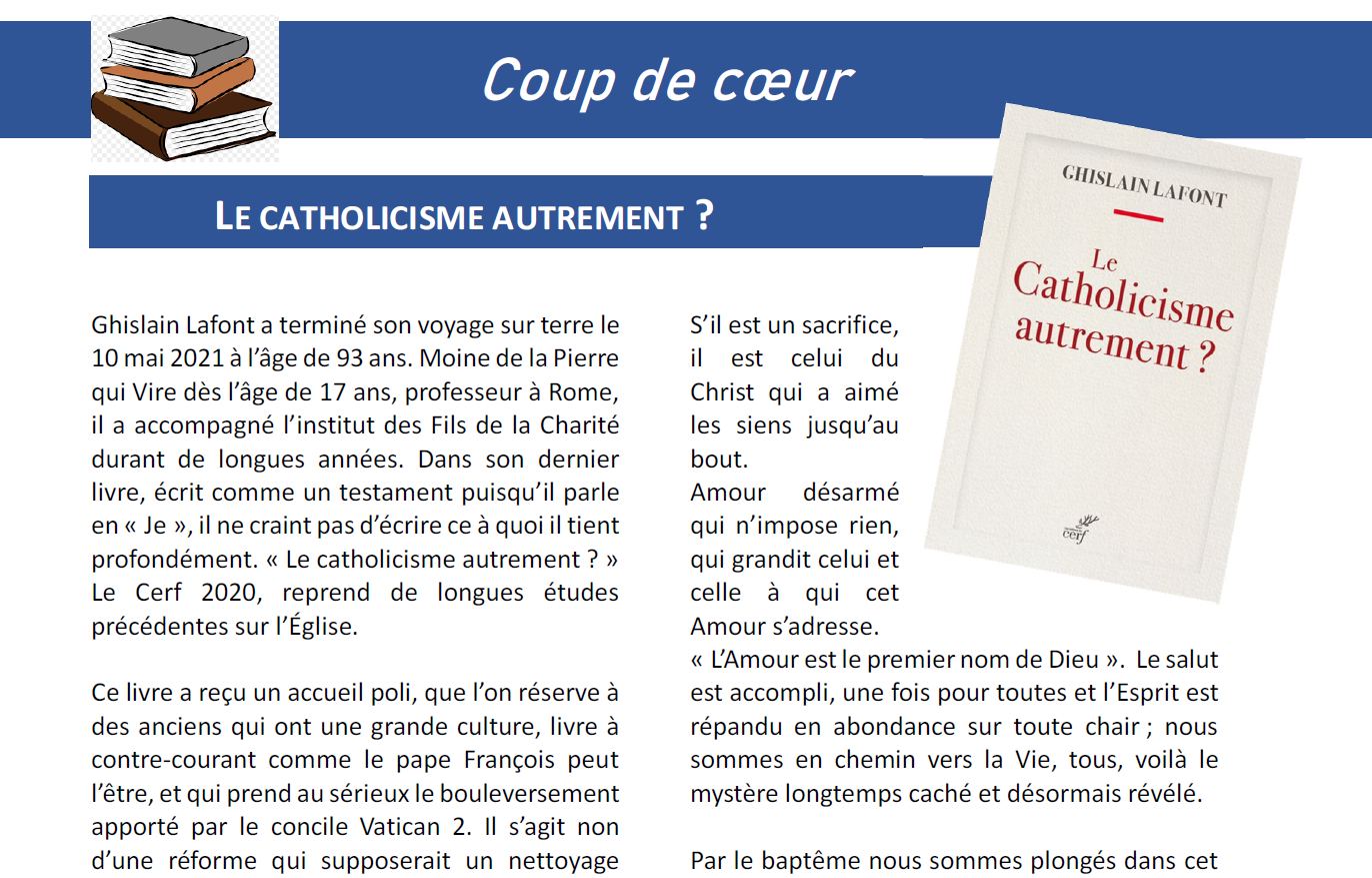 Fils de la Charité - Ghislain Lafont, Le Catholicisme autrement, Editions du cerf, 2020, 192 pages