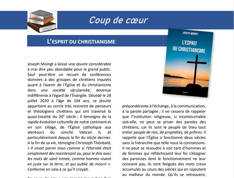 Fils de la Charité - Joseph Moingt, "L’esprit du Christianisme", Temps présent Éditions, 2018, 282 pages