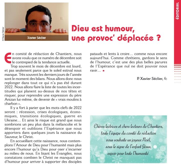 Edito de chantiers décembre 2022, numéro 216, Dieu est humour, "Dieu est humour" Edito de chantiers décembre 2022, numéro 216, Dieu est humour, "Dieu est humour"