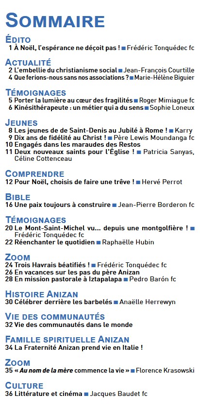 Sommaire de la Revue chantiers de décembre 2025 - Crédit Fils de la Charité Sommaire de la Revue chantiers de décembre 2025 - Crédit Fils de la Charité