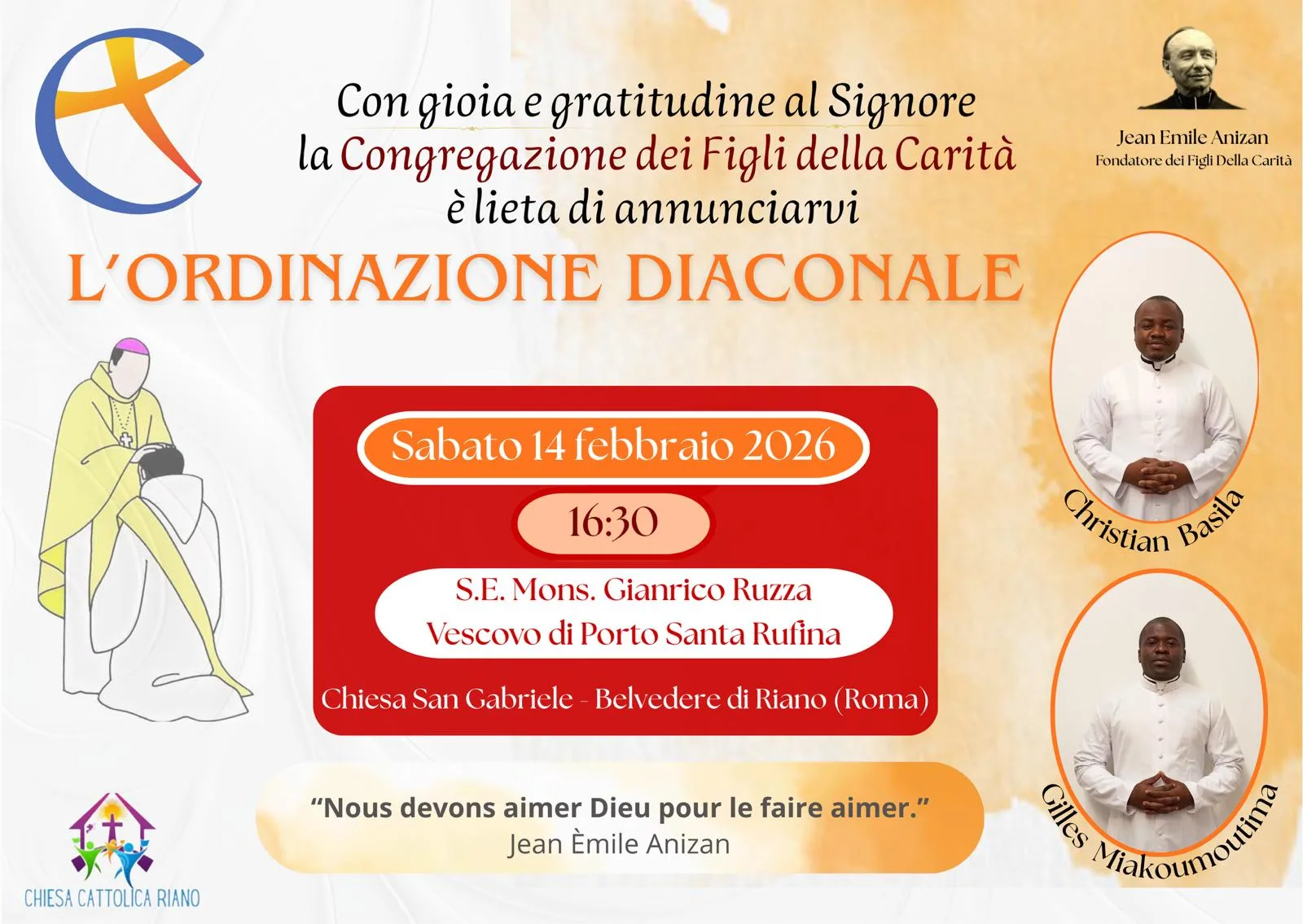 Faire-part de Gilles Miakoumoutima fc et Christian Basila fc qui seront ordonnés diacre le 14 février 2026 à Riano en Italie -  Crédit Fils de la Charité