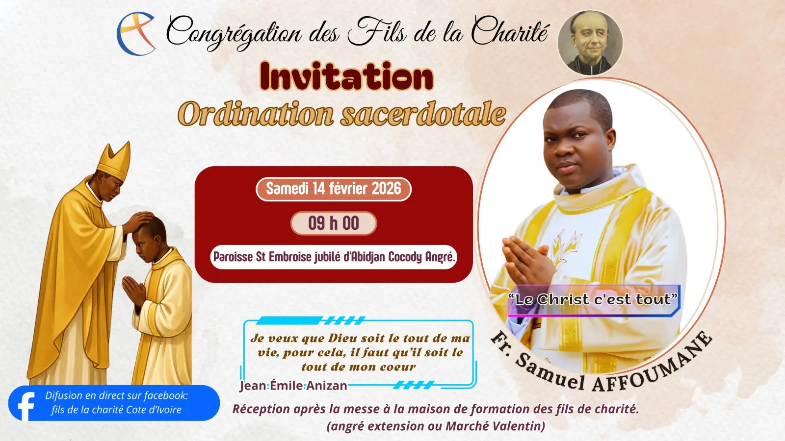 Faire-part de Samuel Affoumane fc sera ordonné prêtre le 14 février 2026 à la Paroisse Saint Embroise Jubilé d'Abidjan Cocody Angré en Côte d'Ivoire - Crédit Fils de la Charité