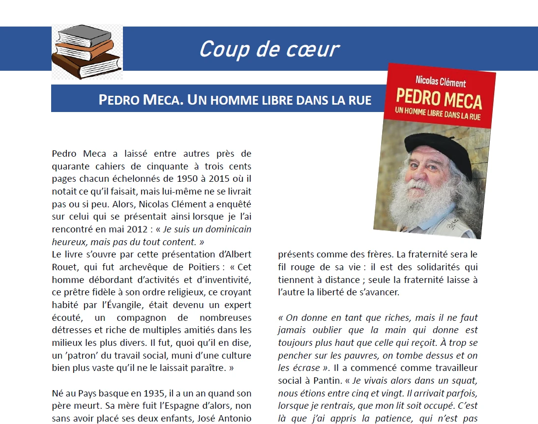 CLÉMENT Nicolas. Pedro Meca, Un homme libre dans la rue. Le Cerf, 2025. 295 p. 19,90€