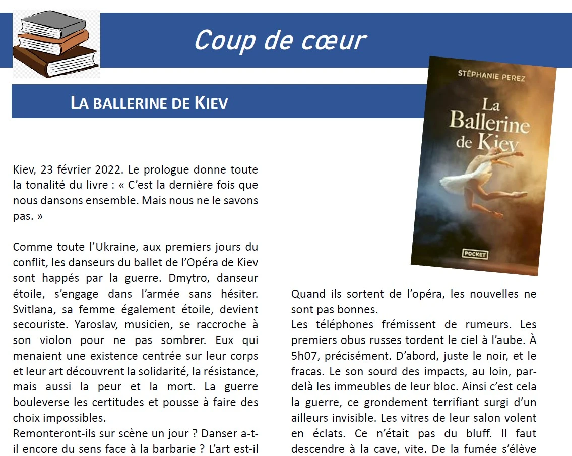 PEREZ, Stéphanie. La Ballerine de Kiev. Editions Récamier, Pocket 2024, 268 pages
