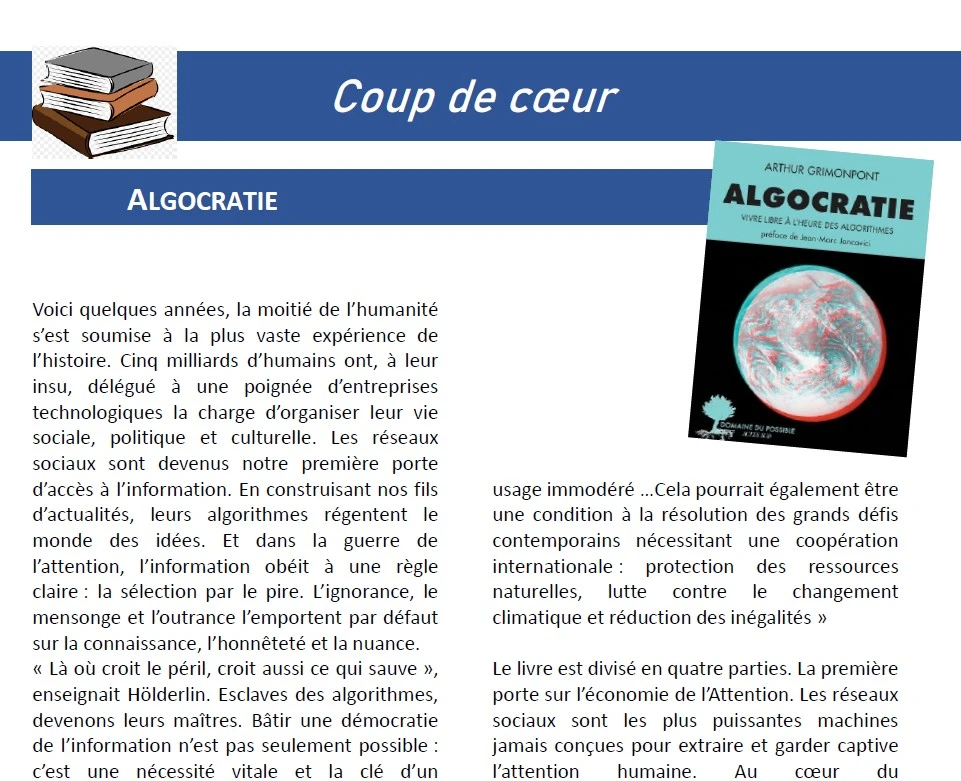 GRIMONPONT, Arthur. Algocratie, vivre libre à l’heure des algorithmes. Editions Actes Sud, 2022. 340 pages