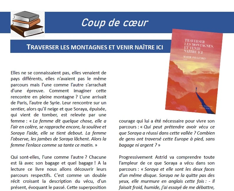 PAVLENKO, Marie. Traverser les montagnes et venir naître ici. Les Escales – Domaine français, 2024. 383 pages PAVLENKO, Marie. Traverser les montagnes et venir naître ici. Les Escales - Domaine français, 2024. 383 pages