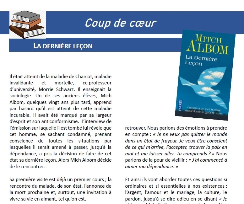 ALBOM, Mitch. La dernière leçon. Editions Pocket 2010, 216 pages