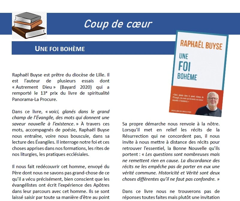 BUYSE Raphaël. Une foi bohème. Desclée de Brouwer 2025. 140 pages BUYSE Raphaël. Une foi bohème. Desclée de Brouwer 2025. 140 pages