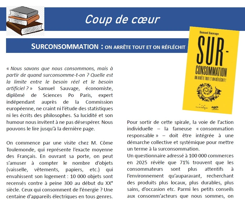 SAUVAGE, Samuel. Surconsommation. Agir pour la transition écologique et Rue de l'échéquier, 2025. 123 pages.