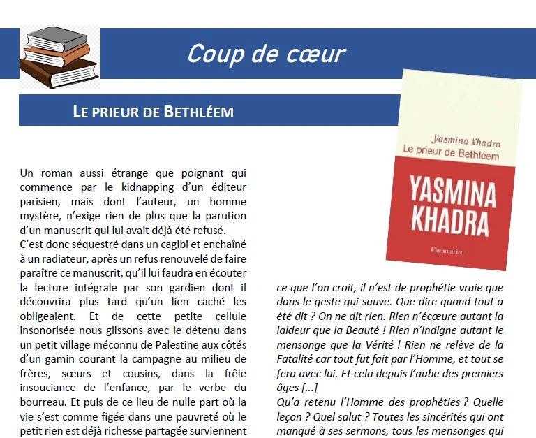 KHADRA, Yasmina. Le prieur de Bethléem. Flammarion, 2026. 258 pages KHADRA, Yasmina. Le prieur de Bethléem. Flammarion, 2026. 258 pages