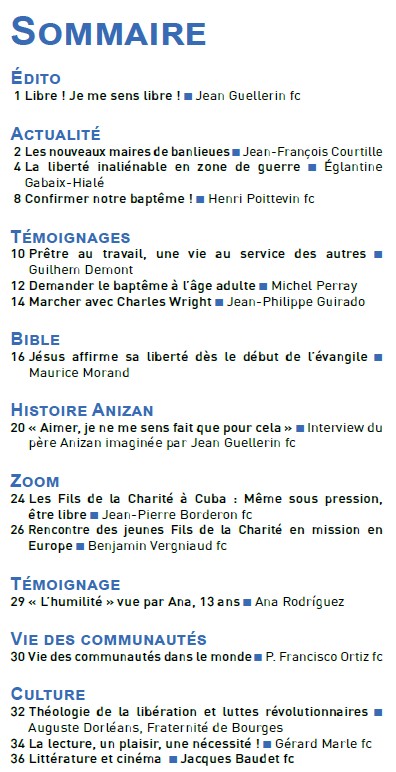 Sommaire de la Revue trimestrielle chantiers de juin 2026, n°230, "Parfum de liberté pour cet été" - Crédit Fils de la Charité Sommaire de la Revue trimestrielle chantiers de juin 2026, n°230, "Parfum de liberté pour cet été" - Crédit Fils de la Charité