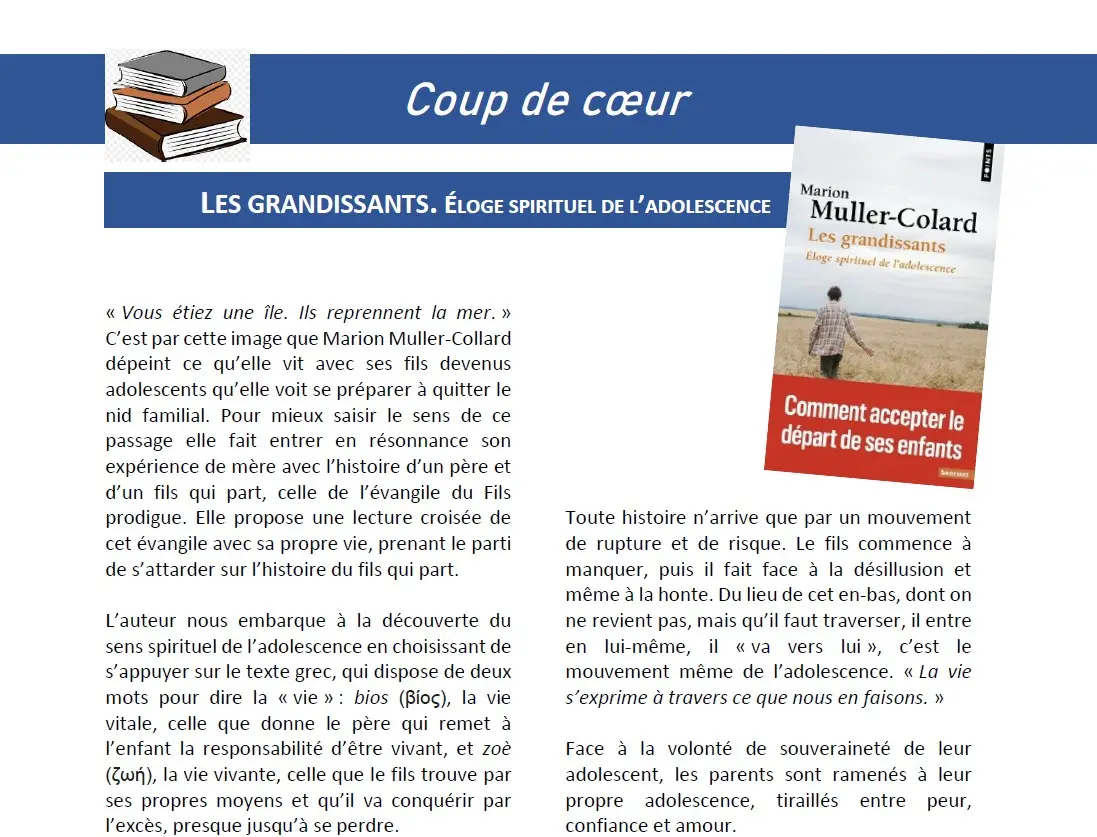 Marion MULLER-COLLARD. Les grandissants. Éloge spirituel de l’adolescence. Editions Points. Sagesses. 2021, 105 pages