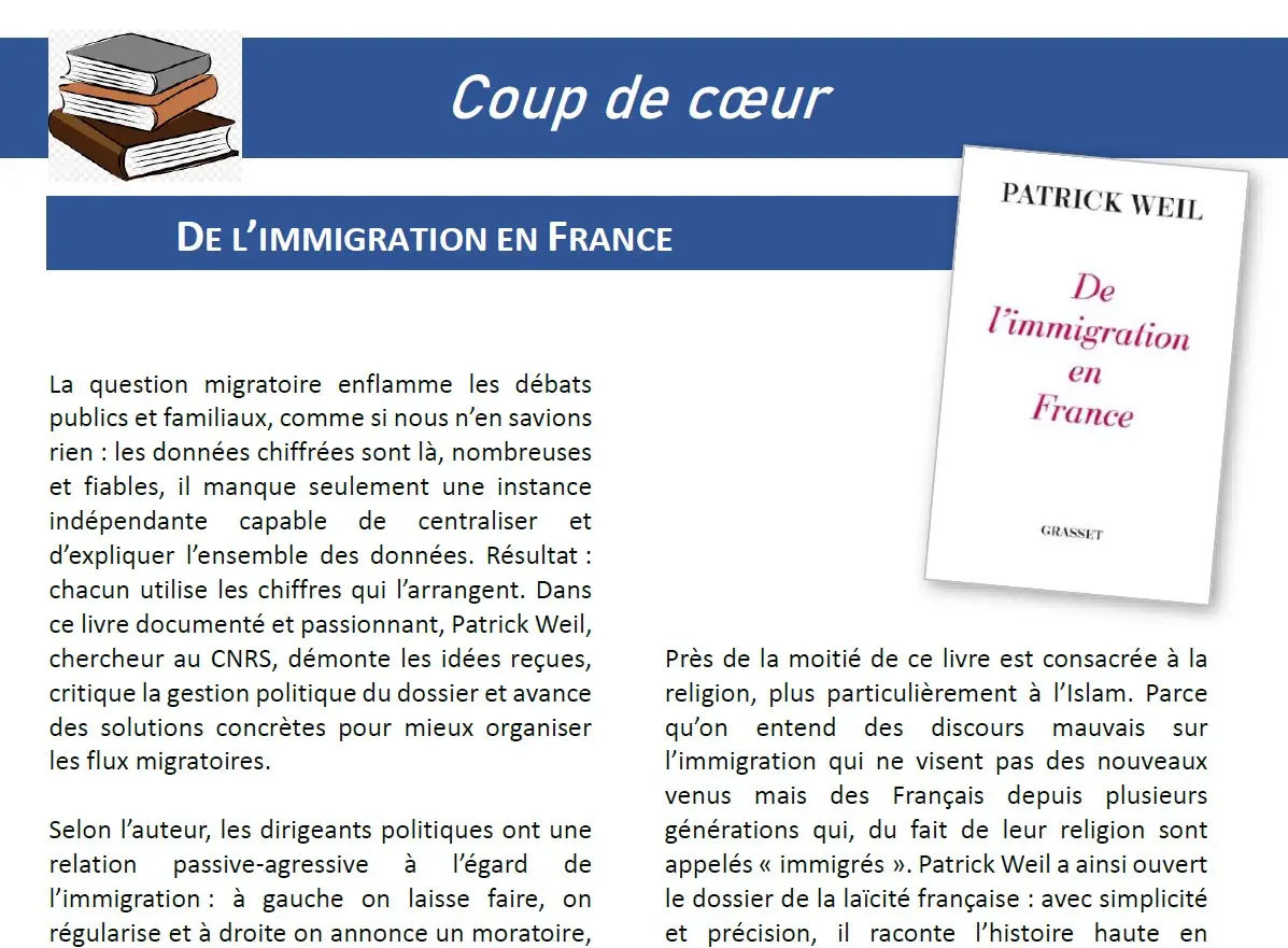 Coup de coeur de livre : WEIL, Patrick. De l’immigration en France. Grasset 2026. 206 pages – Crédit Grasset/Fils de la Charité Coup de coeur de livre : WEIL, Patrick. De l’immigration en France. Grasset 2026. 206 pages - Crédit Grasset/Fils de la Charité