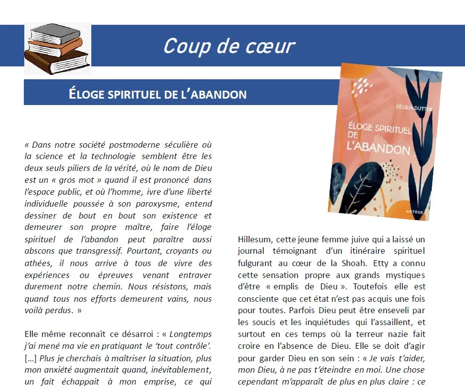 DUTTER Cécilia. Éloge spirituel de l’abandon. Edition Artège, 2026. 140 pages - Crédit Fils de la Charité