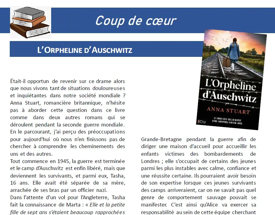 Stuart, Anna. L’Orpheline d’Auschwitz. City Edition, 2025. 400 pages - Crédit Fils de la Charité