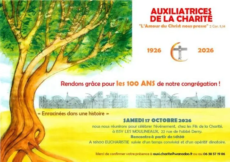 Visuel de l'invitation fête du centenaire avec la Famille Anizan le 17 octobre 2026 à Issy-les-Moulineaux avec les Auxiliatrices de la Charité