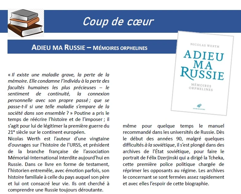 Jaquette WERTH, Nicolas. Adieu ma Russie. Les Belles Lettres, 2026. 398 pages.